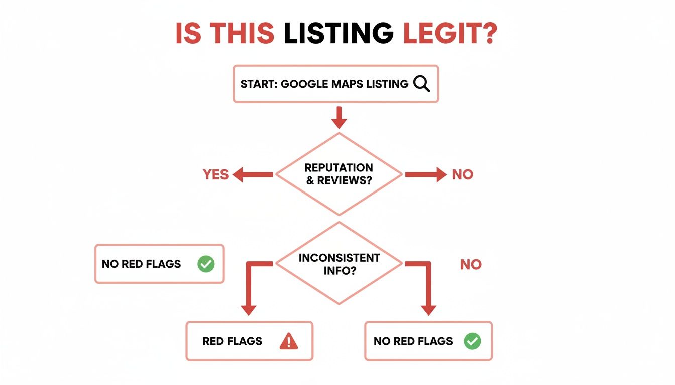 A flowchart titled 'Is This Listing Legit?' guiding users to verify Google Maps listings.