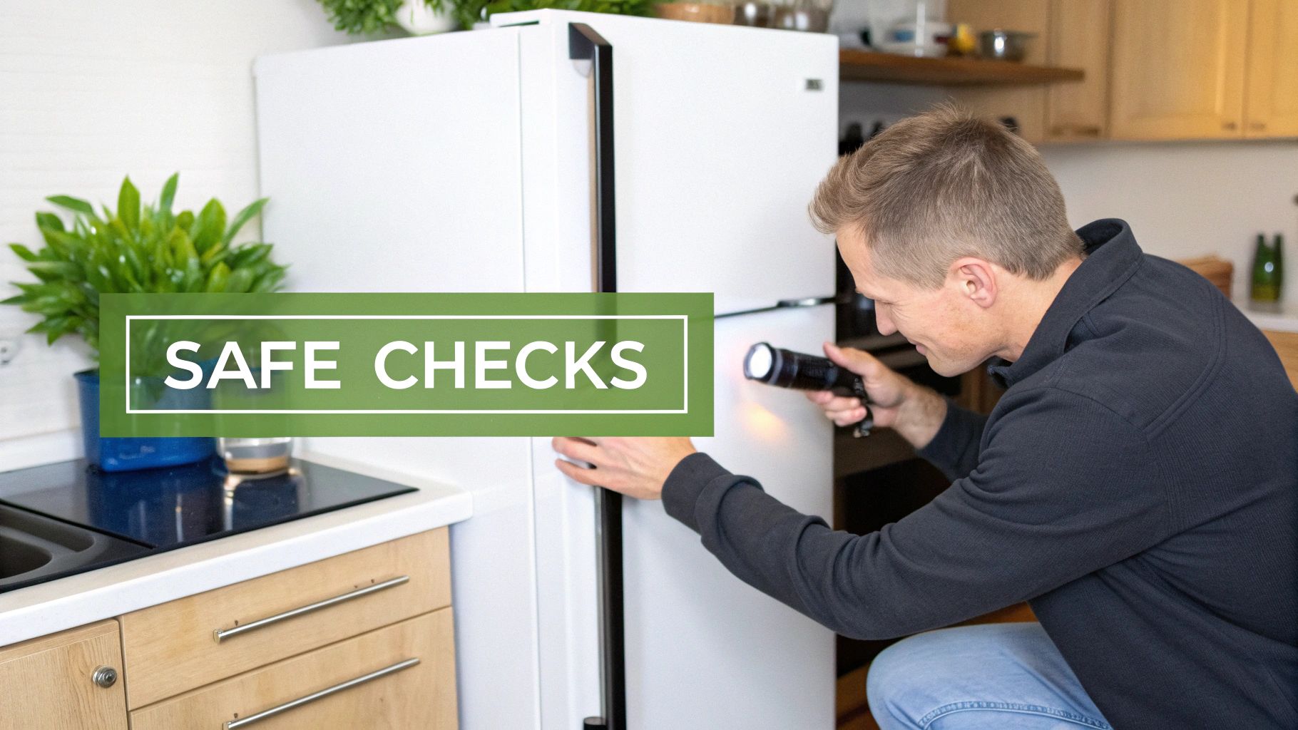 A man uses a flashlight to meticulously inspect the seal of a white refrigerator in a modern kitchen, performing a safe check.