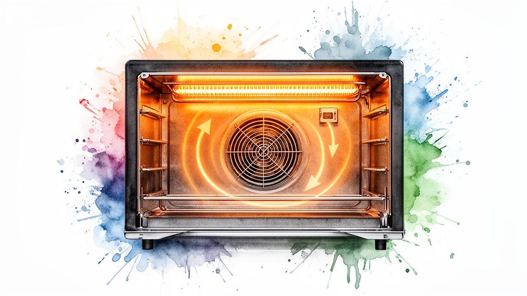 Convection oven interior with glowing heating element and fan illustrating heat circulation.