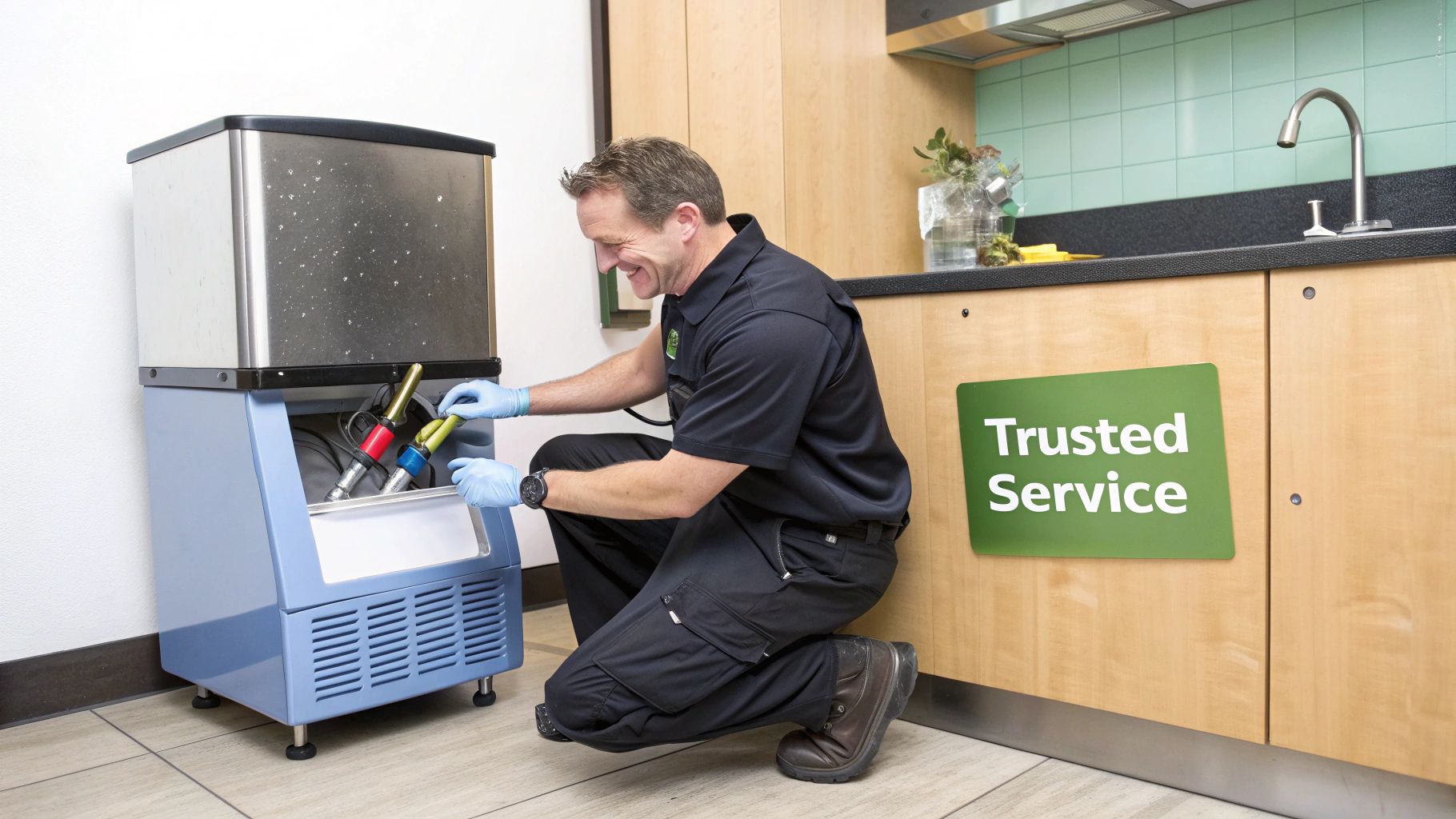 Smiling service technician in blue gloves repairs a commercial ice machine in a clean kitchen setting.