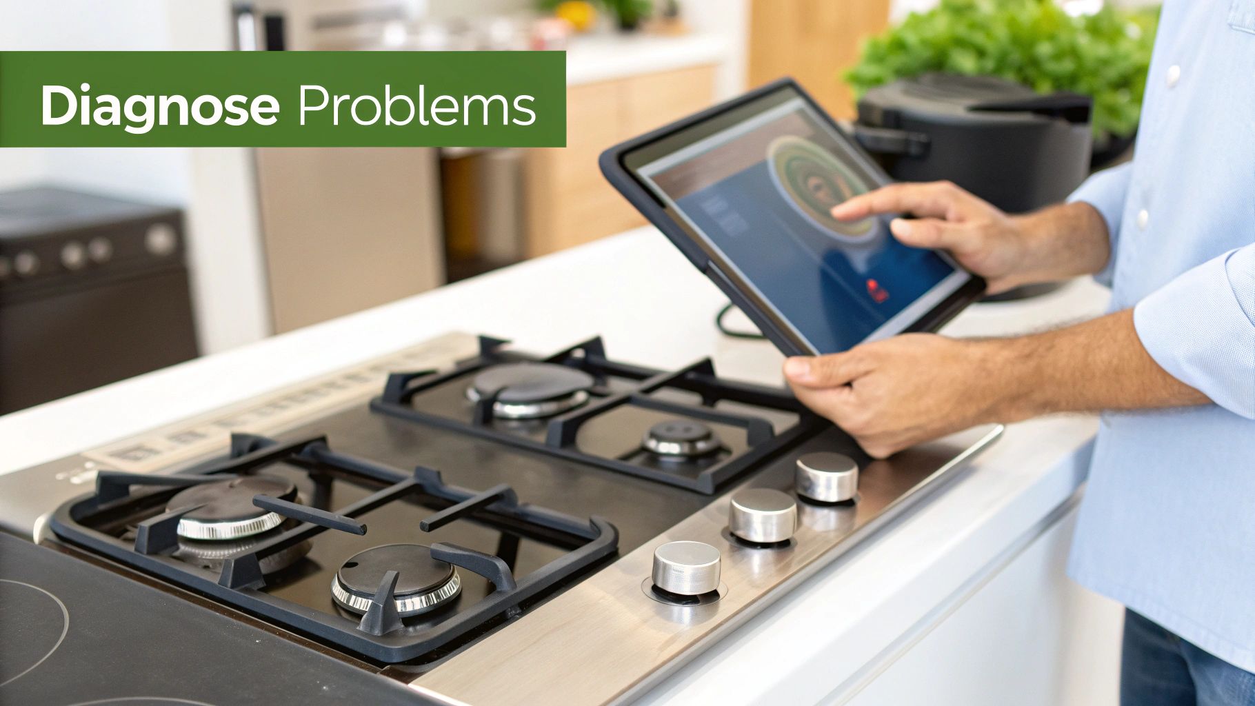 Person uses tablet app to diagnose kitchen cooktop appliance problems in a modern kitchen.