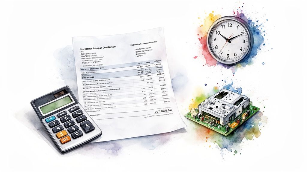 Watercolor illustration of a calculator, cost sheet, clock, and circuit board on a white background.