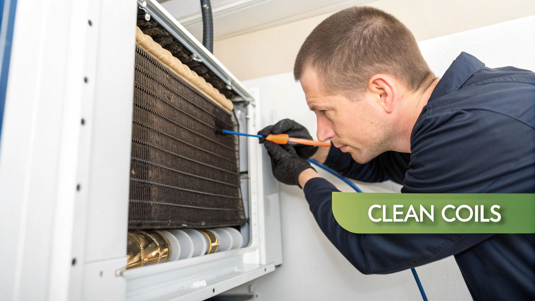 HVAC technician cleaning refrigerator evaporator coils with screwdriver during maintenance repair service