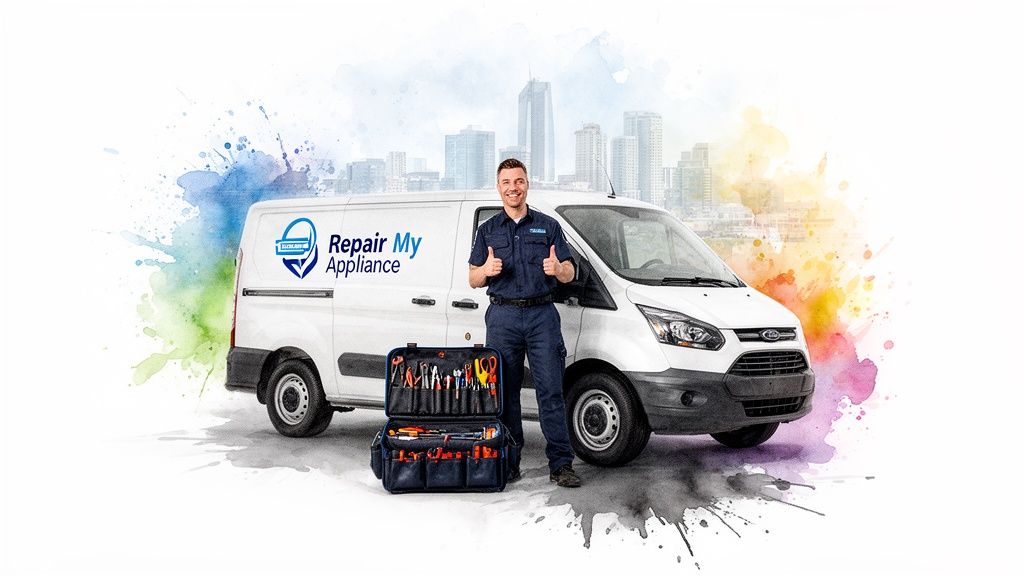 Smiling appliance repair technician stands by service van with open toolbox, giving thumbs up.