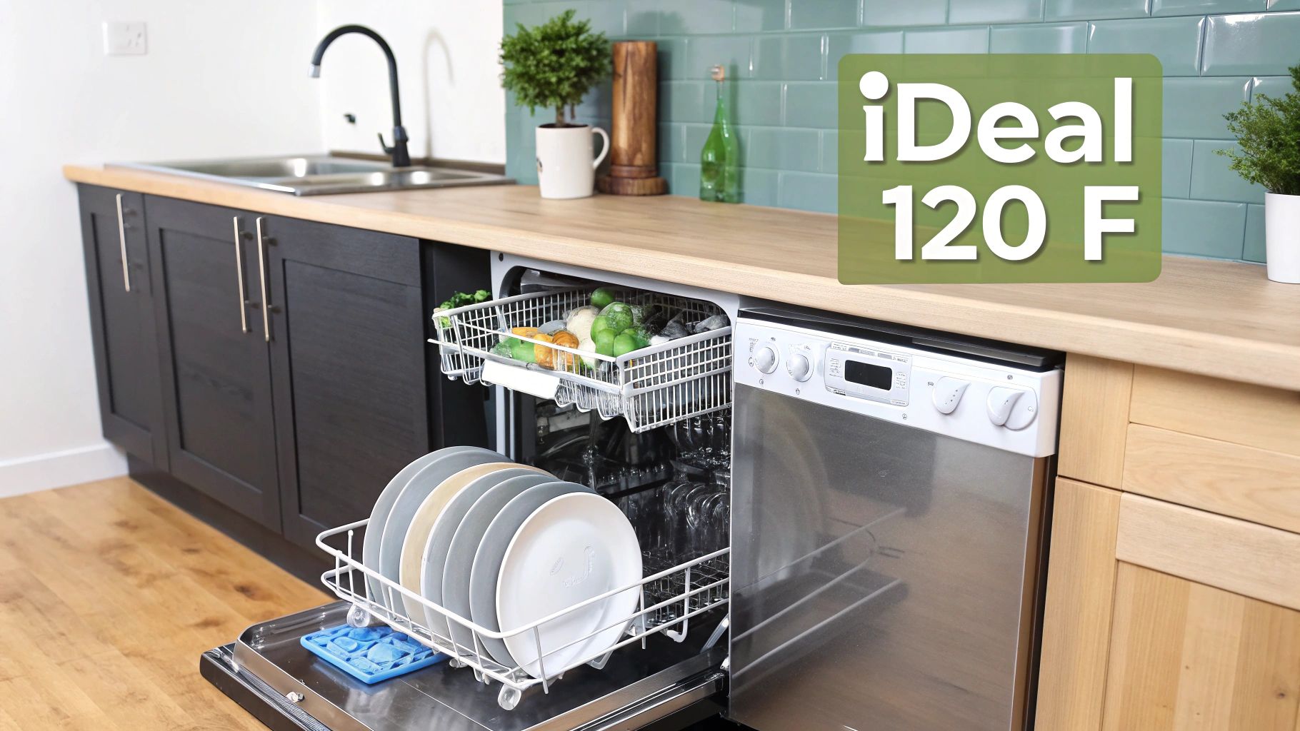 A modern kitchen interior with a partially open dishwasher loaded with clean dishes and a fruit basket.