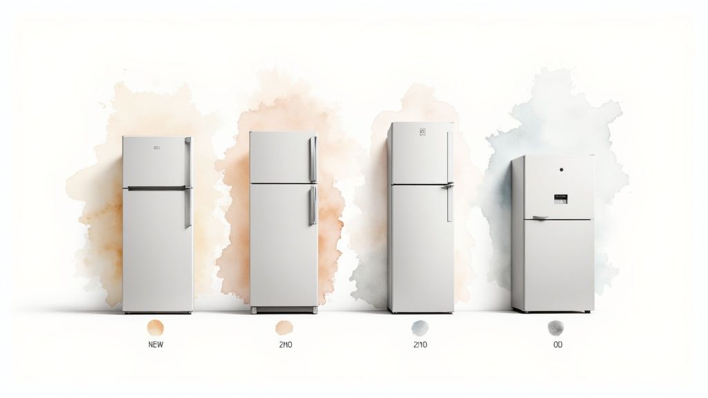 Four different models of white top-freezer refrigerators are displayed against a watercolor background.