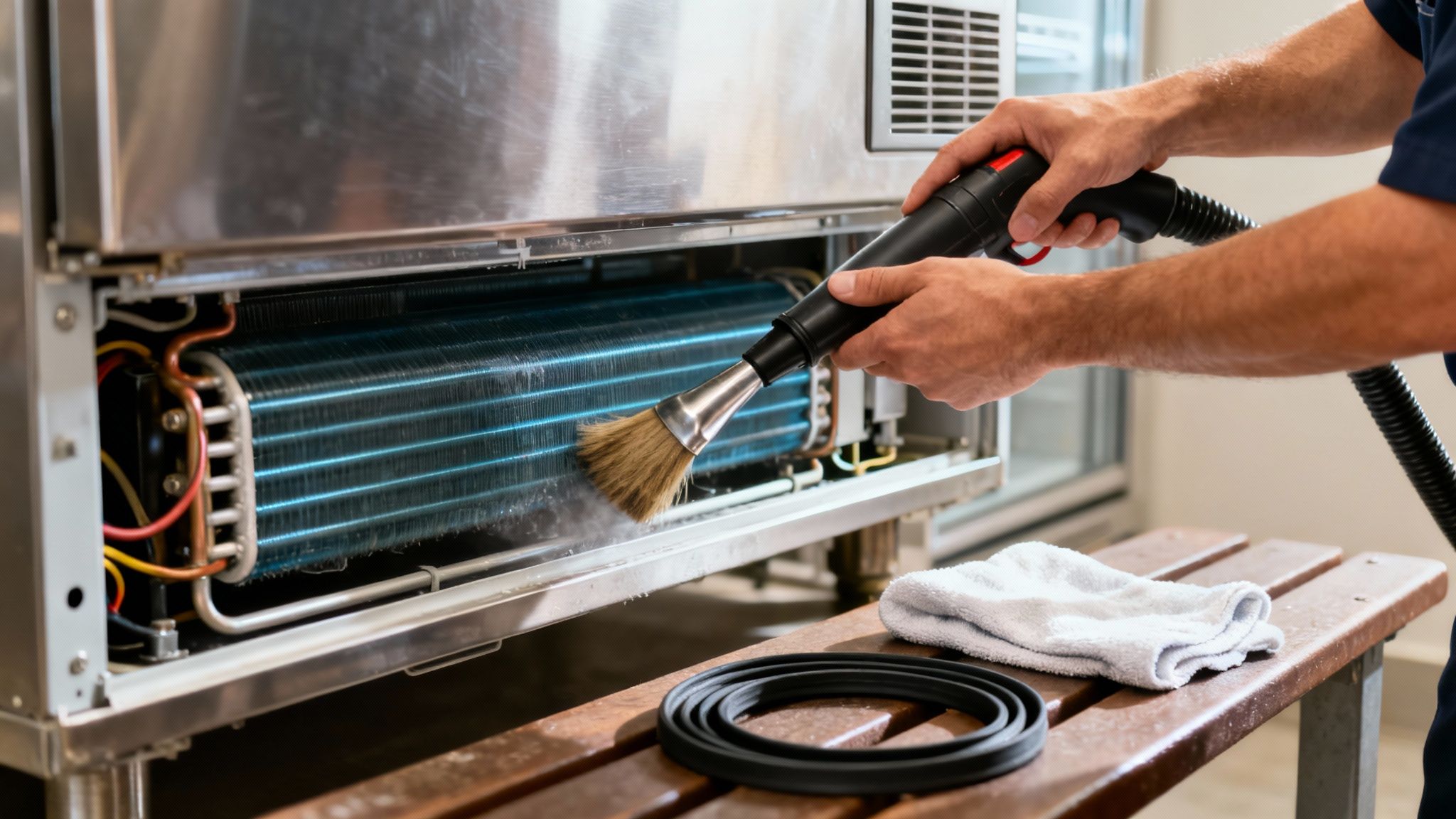 A technician cleaning the condenser coils of a commercial freezer with a brush and vacuum.