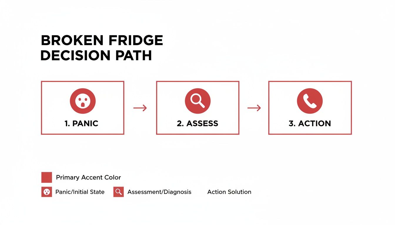 Decision path diagram for a broken fridge, showing steps: Panic, Assess, and Action.
