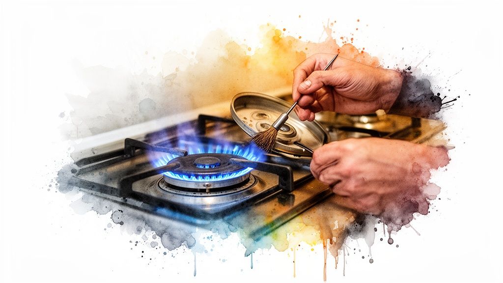 Close-up of hands cleaning a gas stove burner with a small brush, with a blue flame visible.