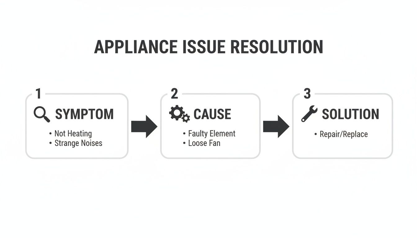 A flowchart showing three steps for appliance issue resolution: Symptom, Cause, and Solution.