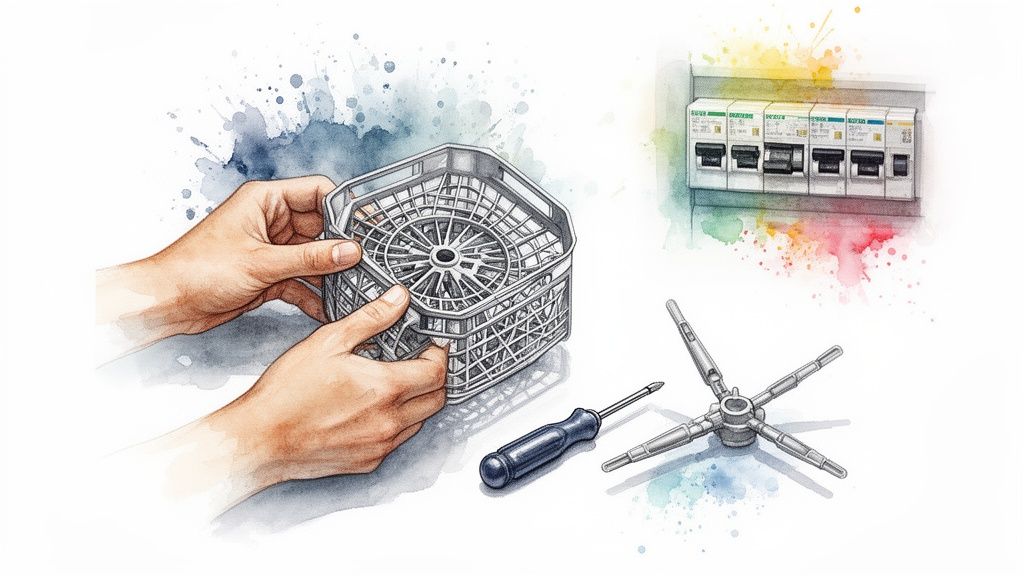 An illustration showing hands holding a dishwasher basket, a screwdriver, and a circuit breaker panel, suggesting home appliance repair.