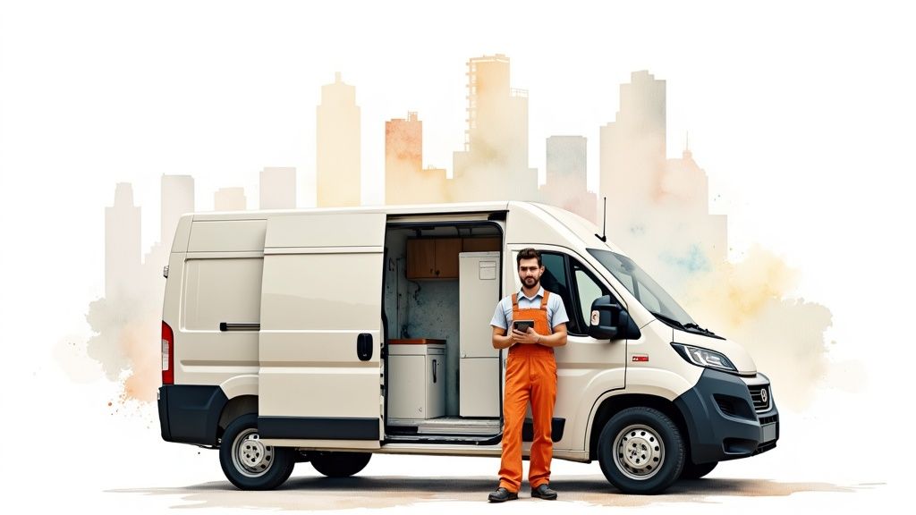 A technician in orange overalls stands next to a white service van with a fridge inside.