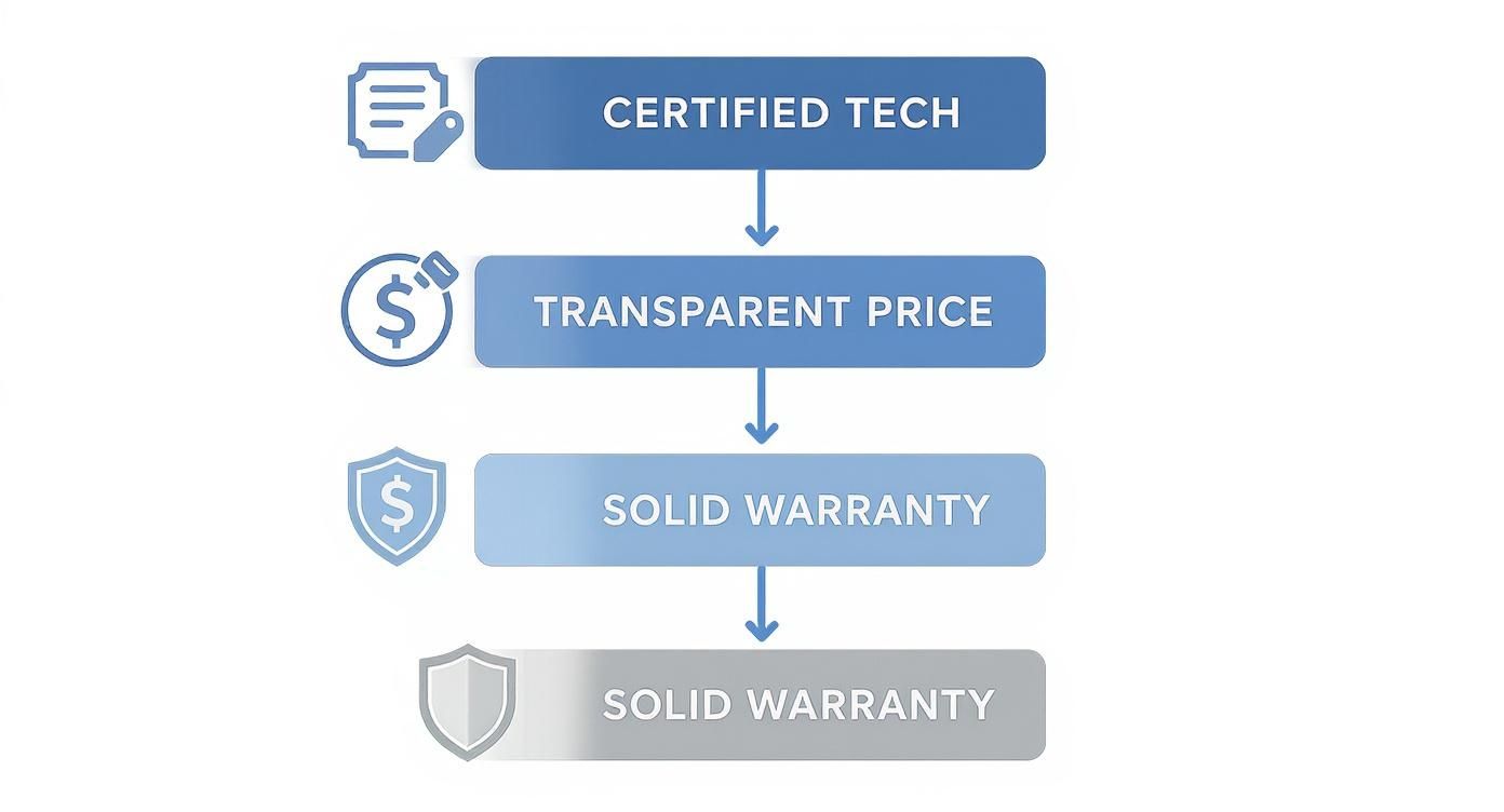 Vertical flowchart outlining customer benefits: certified technicians, transparent pricing, and a solid warranty program.