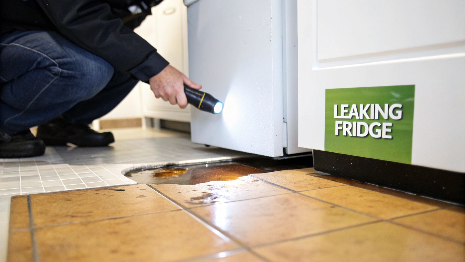 A person inspects a leaking refrigerator with a flashlight, revealing a brown puddle on the tiled kitchen floor.