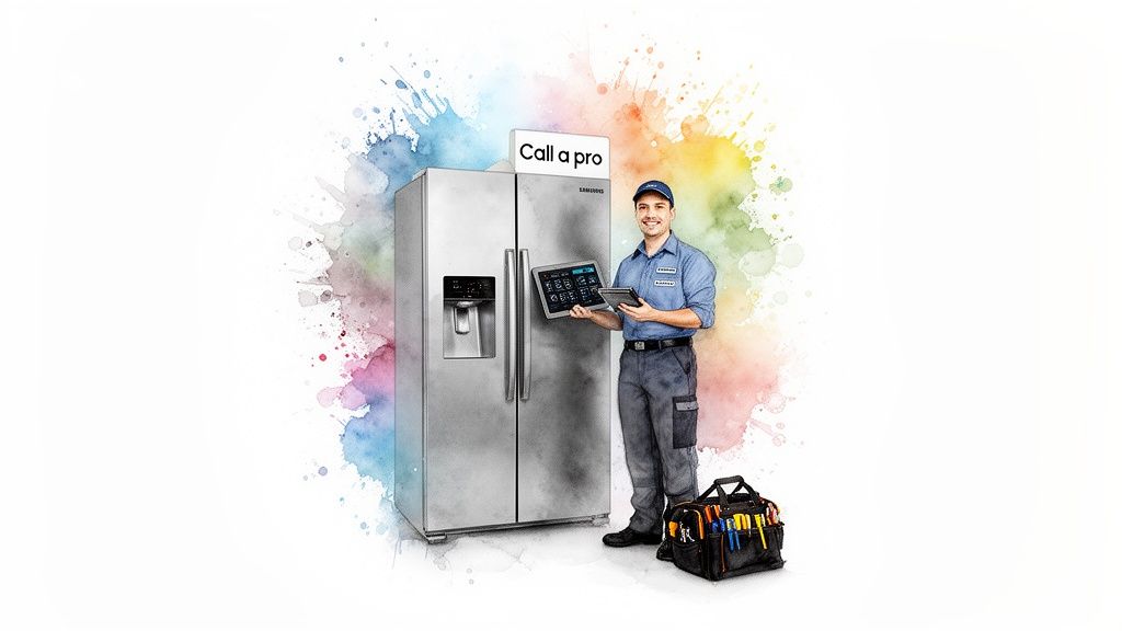 Smiling technician stands by a Samsung refrigerator, holding a tablet with controls, offering professional service.