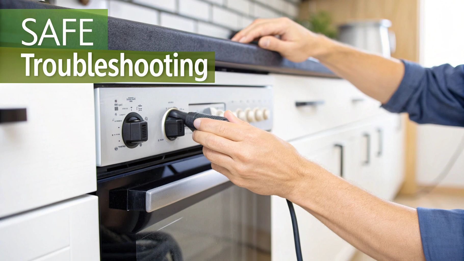 Hands plugging an electrical cord into a kitchen appliance with 'SAFE Troubleshooting' text.