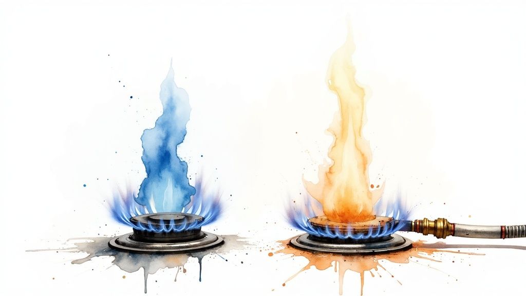 Watercolor illustration of two gas burners, one with blue flame and one with orange flame.