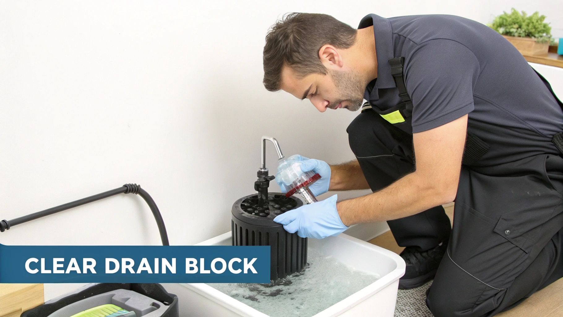 A man in work clothes and blue gloves is cleaning a black drain filter in a white tub of water.