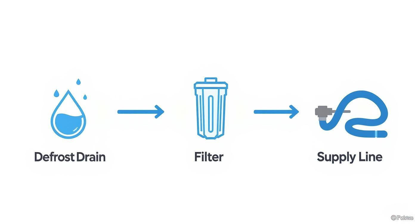 Water flow diagram showing defrost drain to filter to supply line in refrigerator system