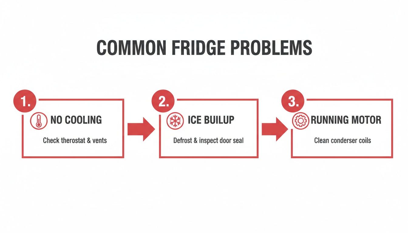 Infographic outlining common refrigerator problems and their solutions: no cooling, ice buildup, and constant running.