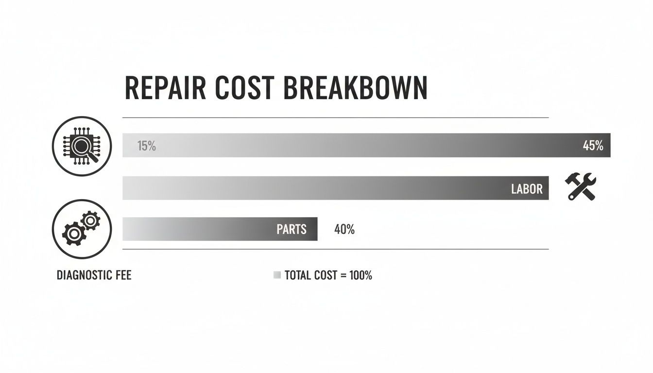 A bar chart titled 'Repair Cost Breakdown' showing Diagnostic Fee 15%, Labor 45%, and Parts 40%.