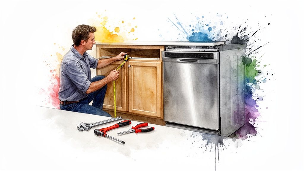 A man measures kitchen cabinets next to a stainless steel dishwasher, with tools on a countertop.