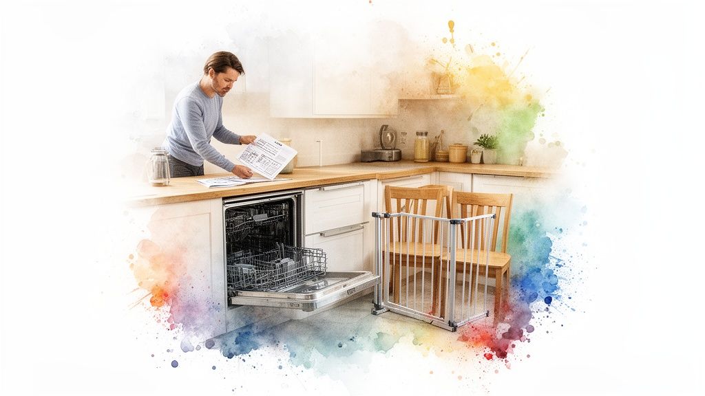 A man reviews instructions in a modern kitchen next to an open dishwasher and a baby gate.