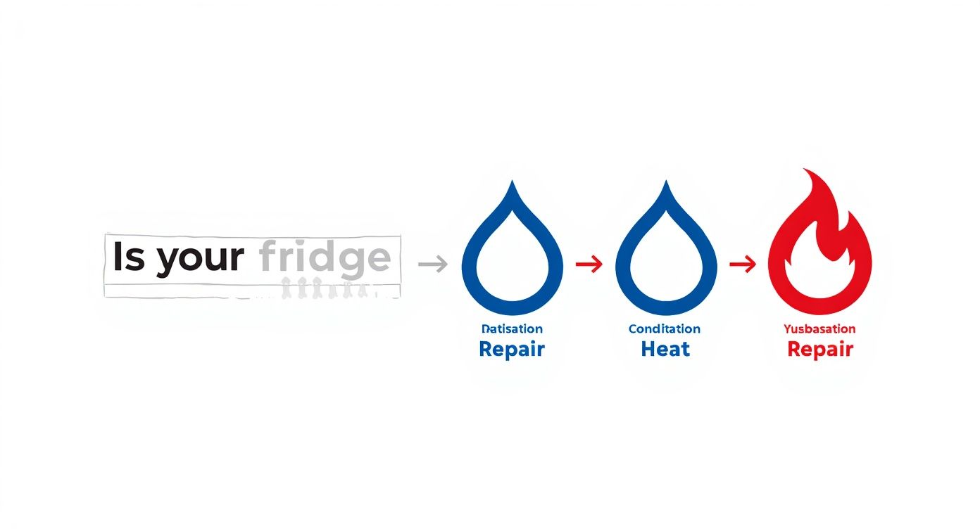 Is your fridge text leads to blue water drop and red flame icons, indicating repair and heat processes.