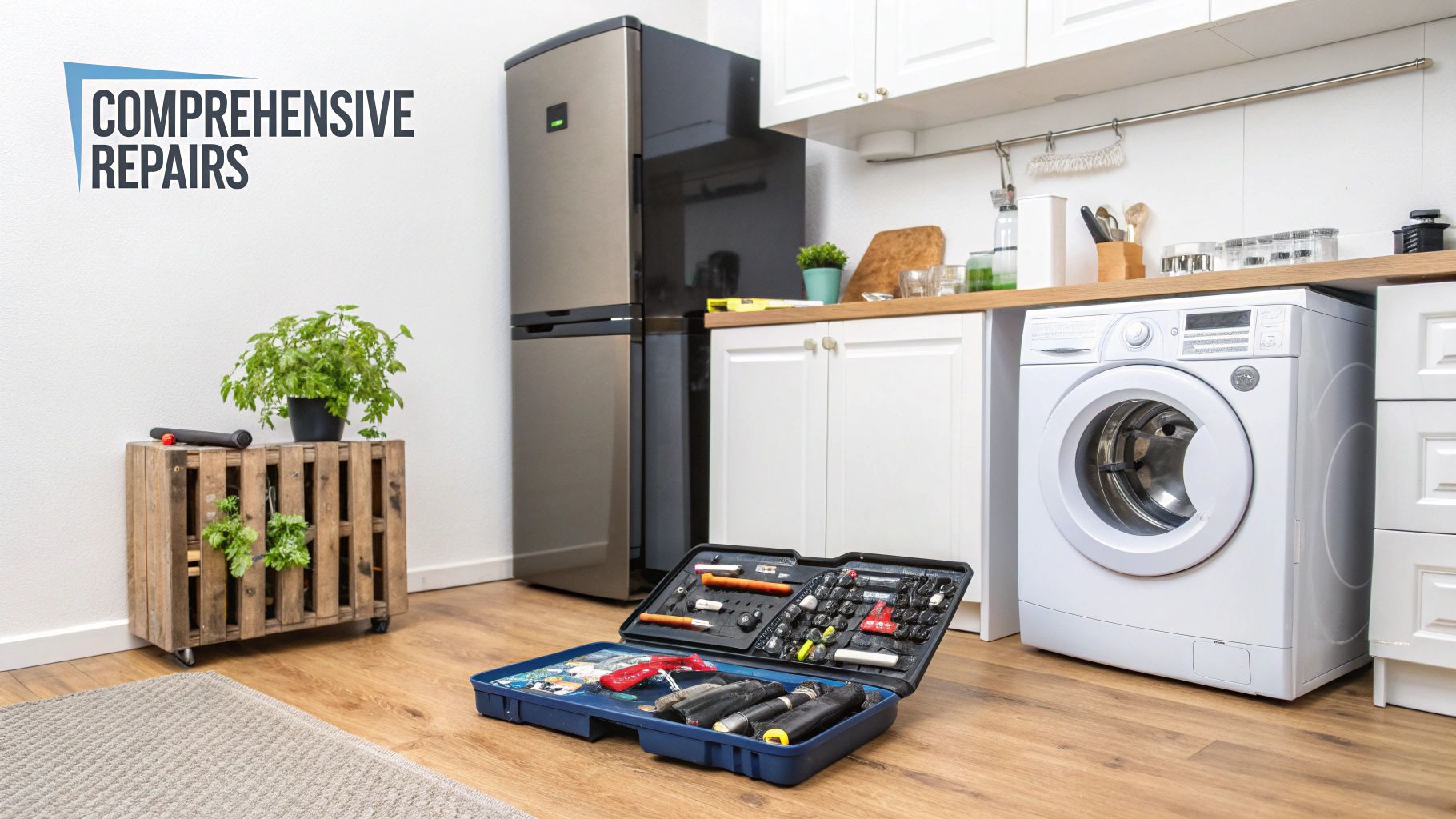 Open toolbox with tools on kitchen floor, next to a washing machine and refrigerator.