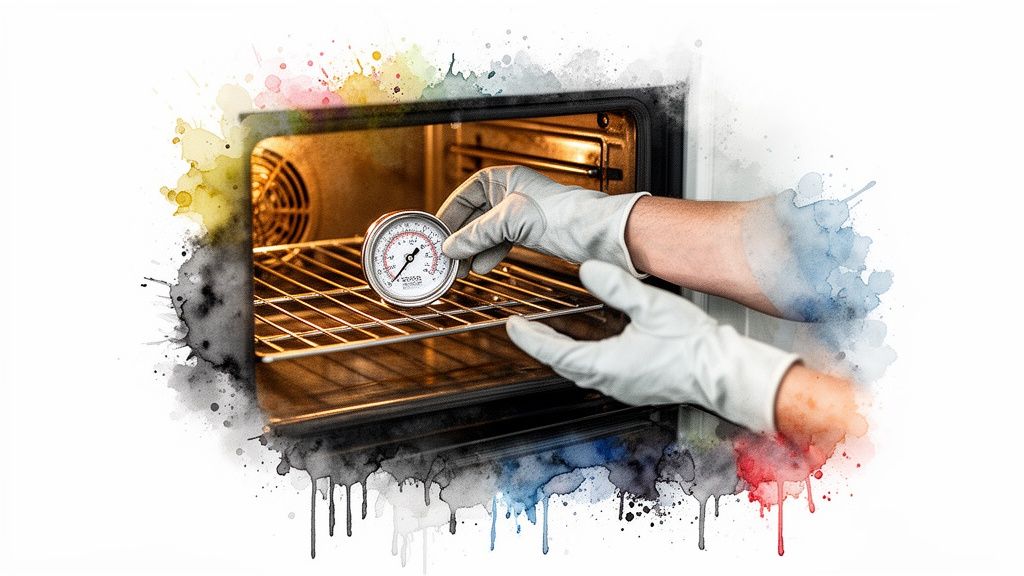 Gloved hands place an oven thermometer on a rack inside a preheating oven.