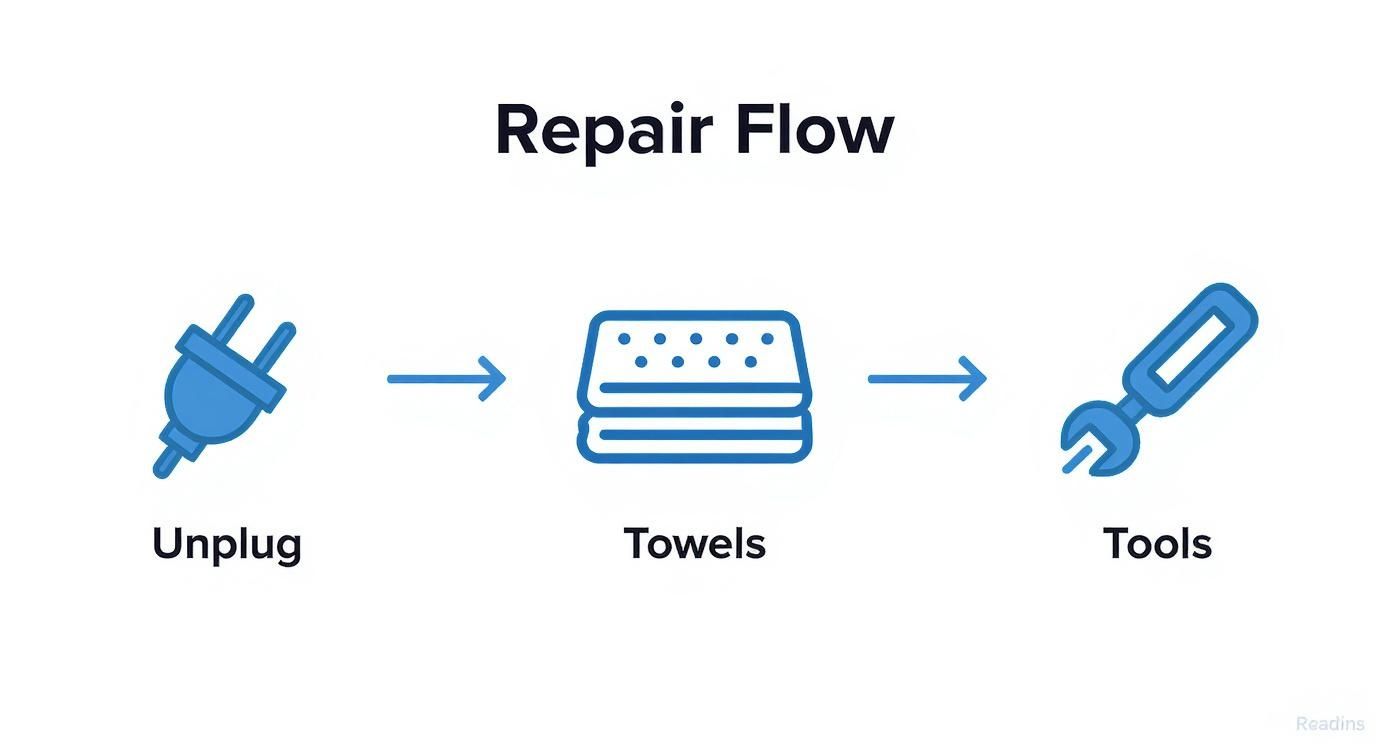 Diagram illustrating a three-step repair flow: unplugging, preparing towels, and using tools.
