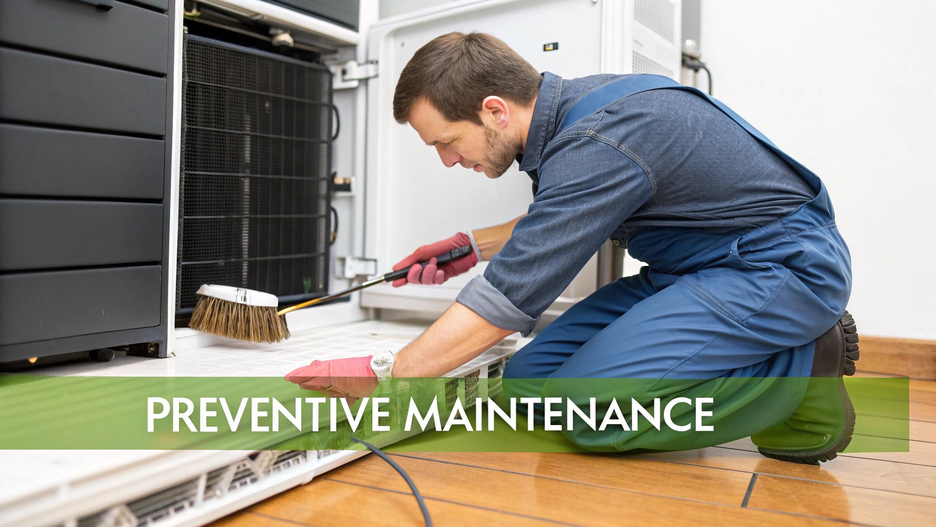 A service technician in blue overalls performs preventive maintenance, cleaning an appliance with a brush.