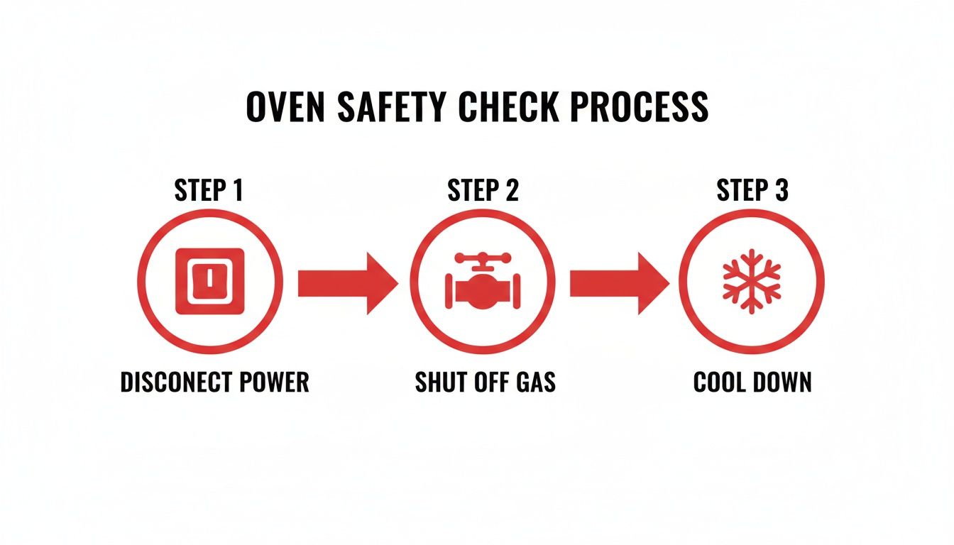 Infographic illustrating a 3-step oven safety check process: disconnect power, shut off gas, and cool down.