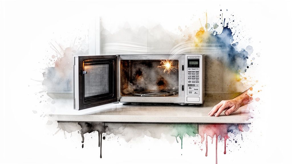 A microwave oven sparking and smoking from internal damage, with an open door and a hand on the counter.