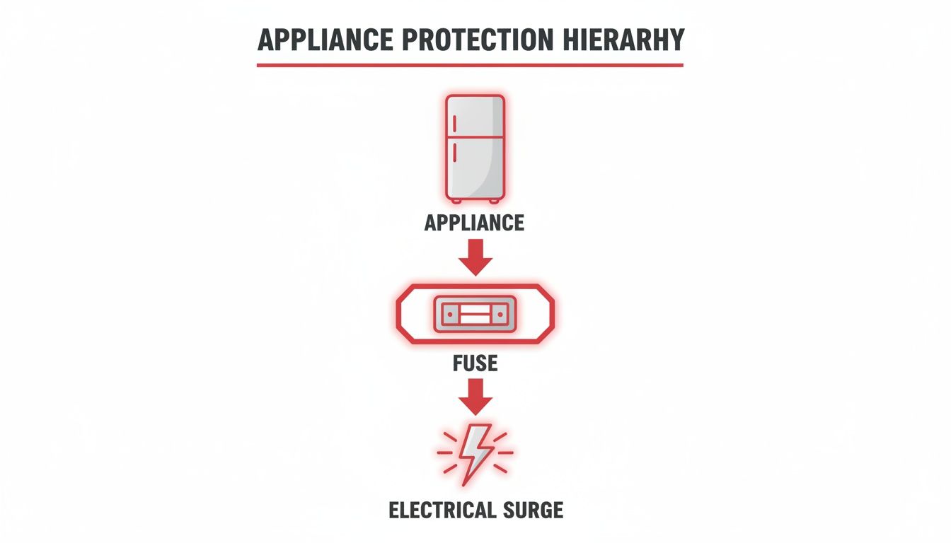Diagram illustrating appliance protection hierarchy, showing a fuse protecting an appliance from electrical surges.