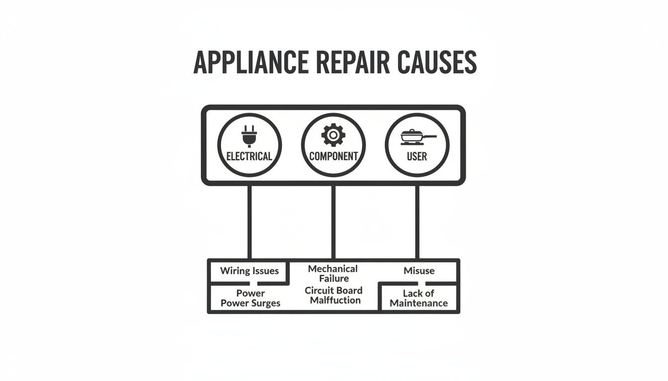 Diagram illustrating appliance repair causes categorized into electrical, component, and user-related issues with specific examples.