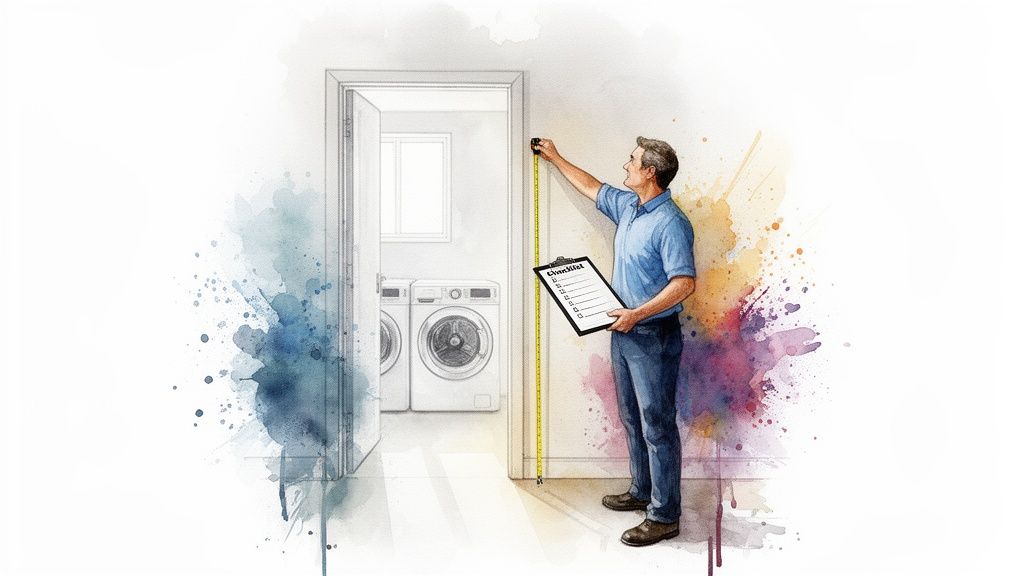 A man measures a doorway next to a laundry room with a washer and dryer, holding a checklist.