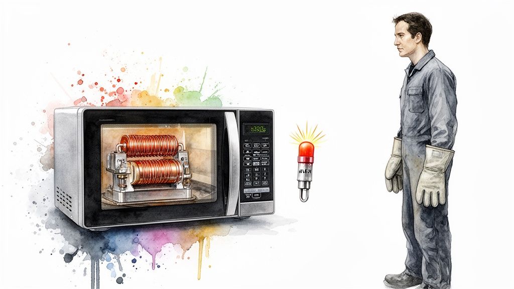 A man in safety gear stands near a microwave oven with a red alert light, highlighting safety concerns.