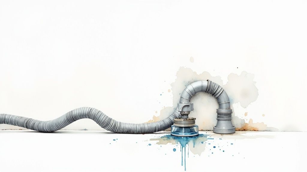 Grey corrugated pipe with a U-bend, leaking blue liquid and staining a white wall.