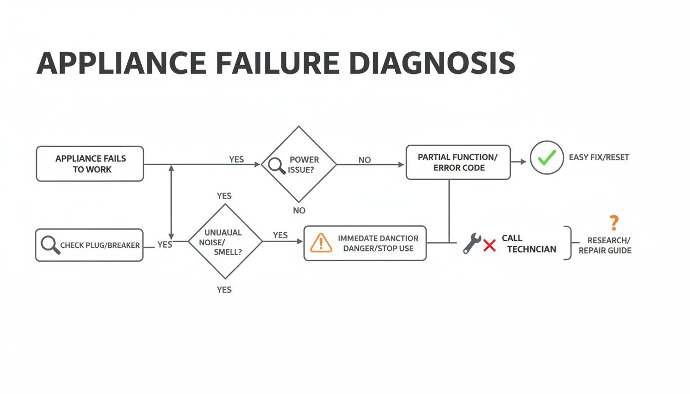 A comprehensive flowchart guiding users through diagnosing and troubleshooting common household appliance failures.