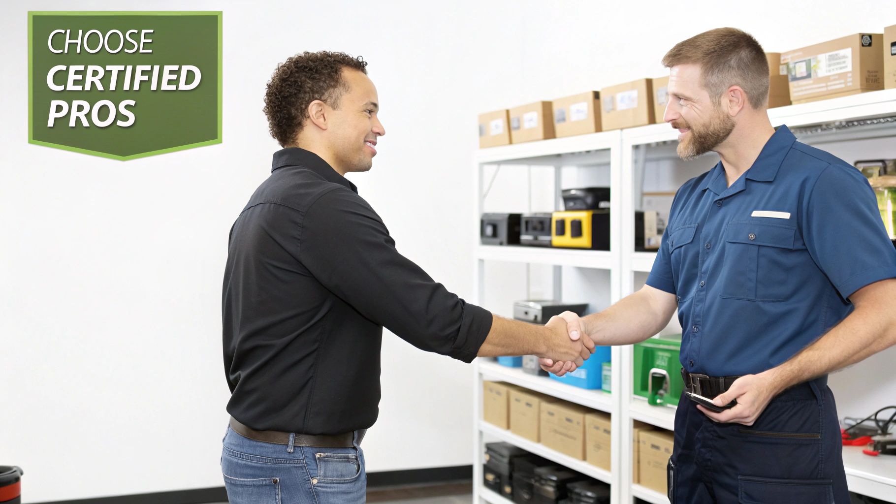 Two men, one a customer and one a certified professional, shaking hands in a professional service environment.