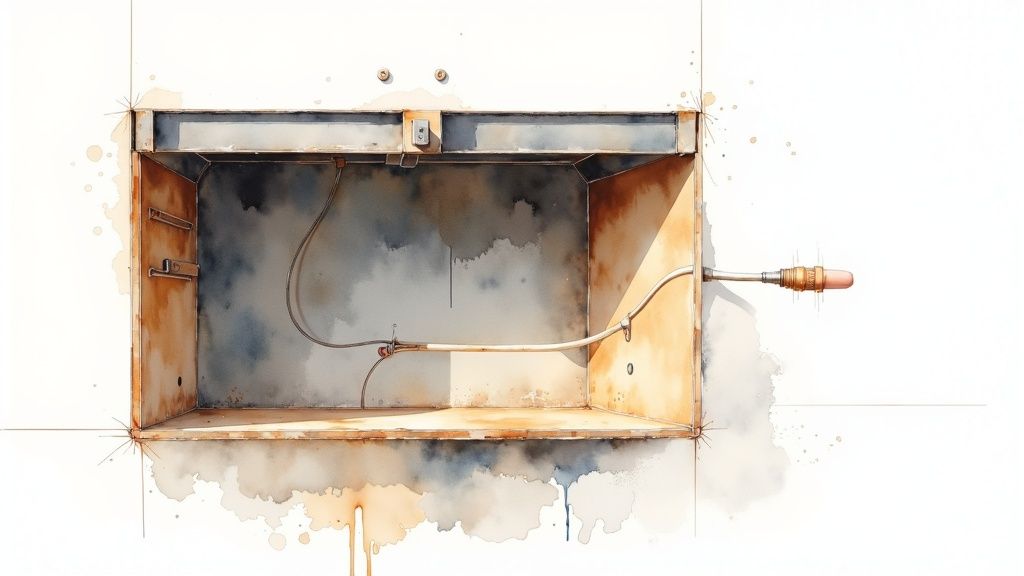 A watercolor illustration of an empty, weathered metal box with wires and a sensor protruding from a white wall.