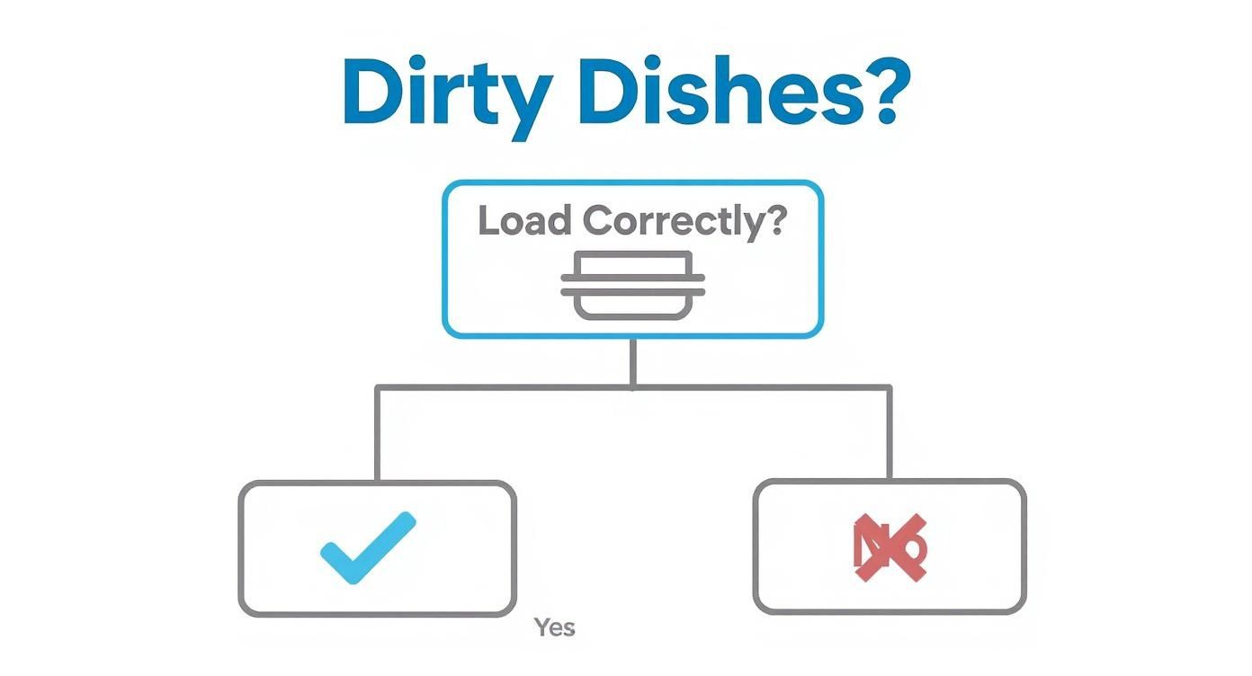 Flowchart troubleshooting 'Dirty Dishes?' problem, asking 'Load Correctly?' with options for yes (checkmark) and no (X).