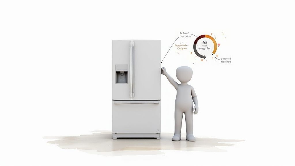 A 3D figure points to a white refrigerator with an infographic about '65 cooler energy frost'.