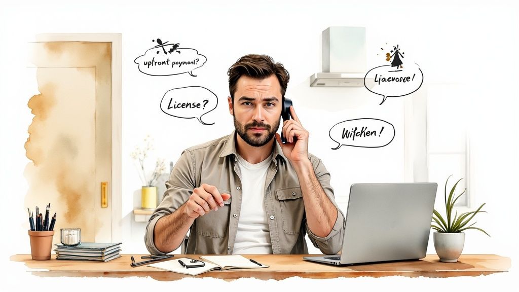 A man on the phone at a desk, looking concerned, with thought bubbles questioning "upfront payment?" and "License?".