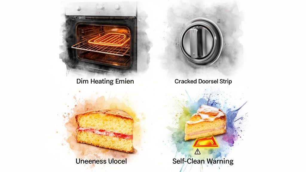 Four panels showing common oven repair issues: dim heating element, cracked door strip, uneven cake, and self-clean warning.