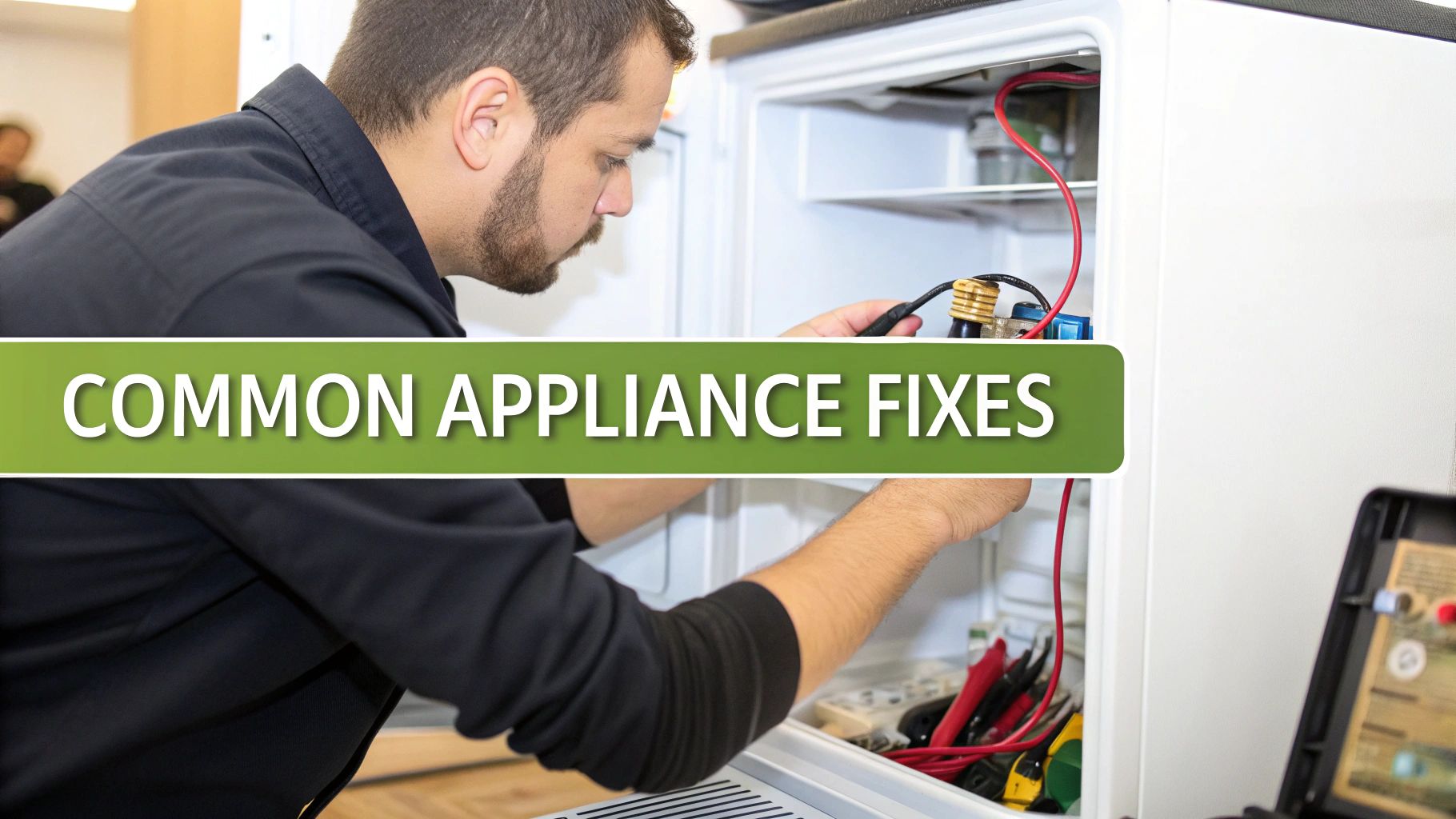 A technician repairing a refrigerator, with tools and wires visible, promoting common appliance fixes.