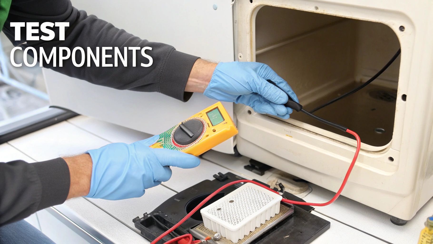 Technician wearing blue gloves using digital multimeter to test dryer heating components during repair
