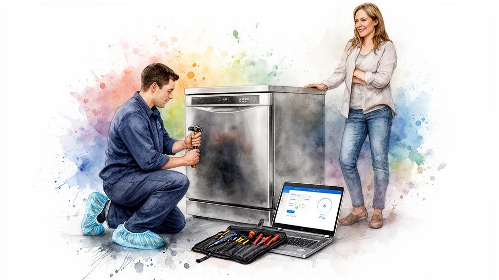 Appliance repair technician fixing a dishwasher while a happy customer watches, with diagnostic tools nearby.