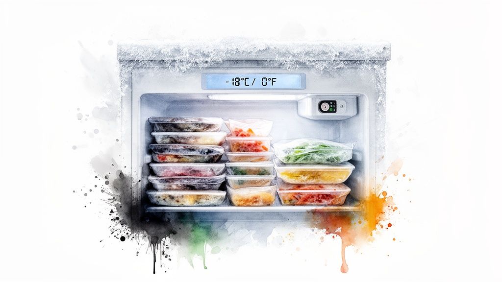 Inside a freezer, packed with neatly stored frozen food containers, displaying a temperature of -18°C / 0°F.